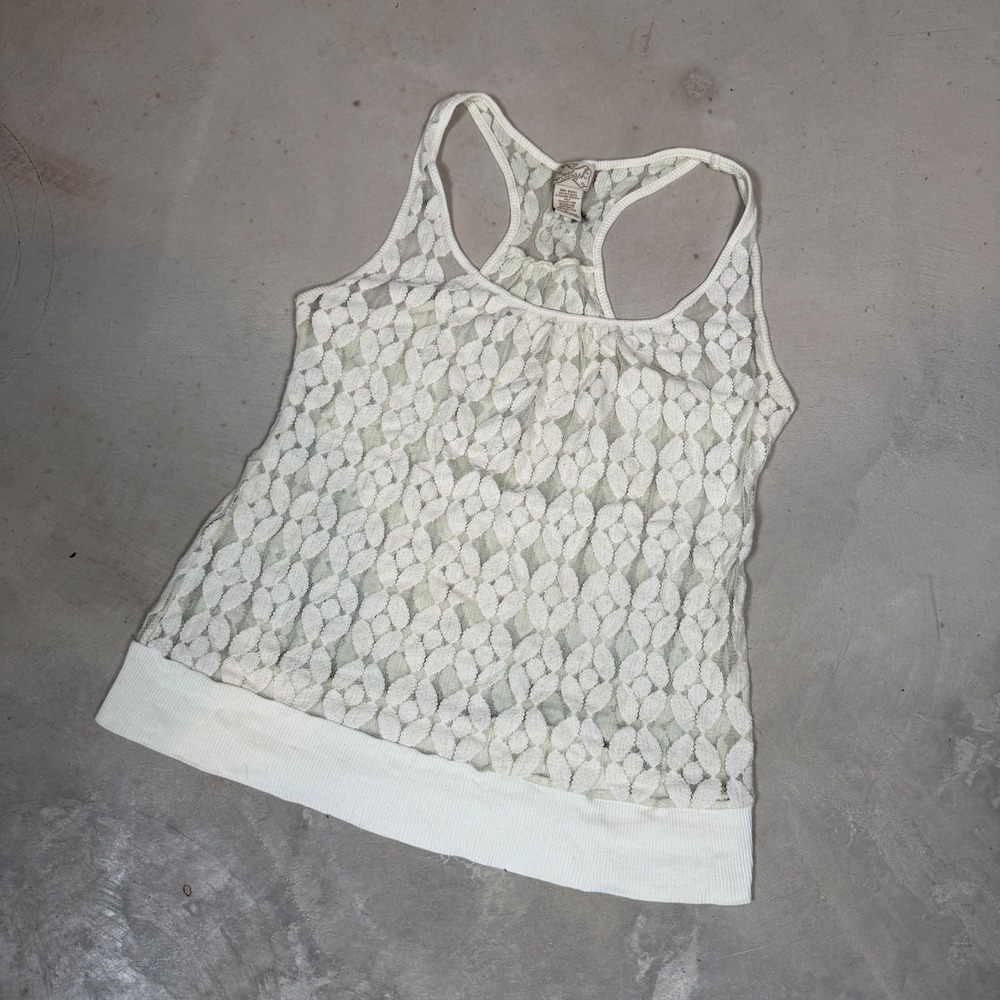 Eyelash Couture Ivory Lace Racerback Tank Top Boho Sheer Floral Mesh Large